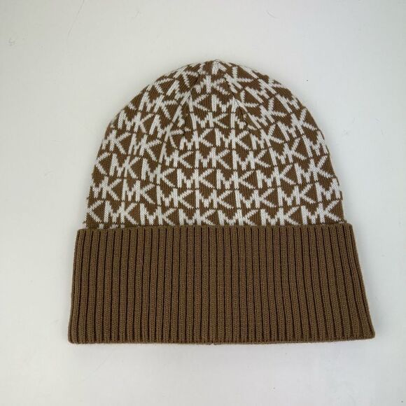 Michael Kors MK Repeat Logo Knitted Beanie Hat, Camel /Cream, One Size - Picture 1 of 5